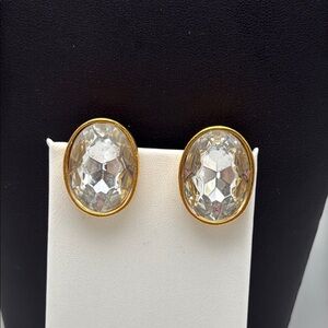 Vintage Ellen Deisgn clear faceted headlight 80s oval statement clip earrings